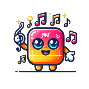 A colorful cartoon character with big blue eyes holds a musical note, surrounded by floating music notes and sparkles on a black background. Songdoodlz Quality Royalty Free Music