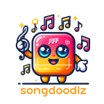 A colorful cartoon mascot with a musical note symbol and big eyes, holding a treble clef, surrounded by floating music notes. Text below reads "songdoodlz. Songdoodlz Quality Royalty Free Music