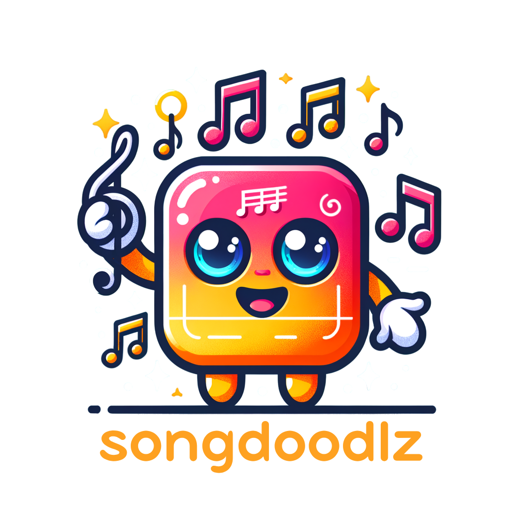 A colorful cartoon mascot with a musical note symbol and big eyes, holding a treble clef, surrounded by floating music notes. Text below reads u0022songdoodlz. Songdoodlz Quality Royalty Free Music