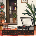 A brightly colored living room with vibrant pillows, indoor plants, sunlight streaming through windows, a coffee table with cups, and the words "MORNING VIBES" overlaid. Songdoodlz Quality Royalty Free Music