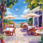 A brightly colored living room with vibrant pillows, indoor plants, sunlight streaming through windows, a coffee table with cups, and the words "MORNING VIBES" overlaid. Songdoodlz Quality Royalty Free Music