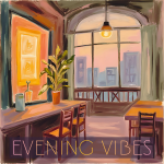 A brightly colored living room with vibrant pillows, indoor plants, sunlight streaming through windows, a coffee table with cups, and the words "MORNING VIBES" overlaid. Songdoodlz Quality Royalty Free Music