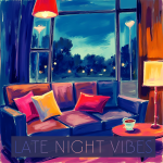 A brightly colored living room with vibrant pillows, indoor plants, sunlight streaming through windows, a coffee table with cups, and the words "MORNING VIBES" overlaid. Songdoodlz Quality Royalty Free Music