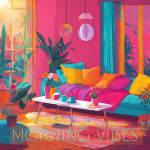 A brightly colored living room with vibrant pillows, indoor plants, sunlight streaming through windows, a coffee table with cups, and the words "MORNING VIBES" overlaid. Songdoodlz Quality Royalty Free Music